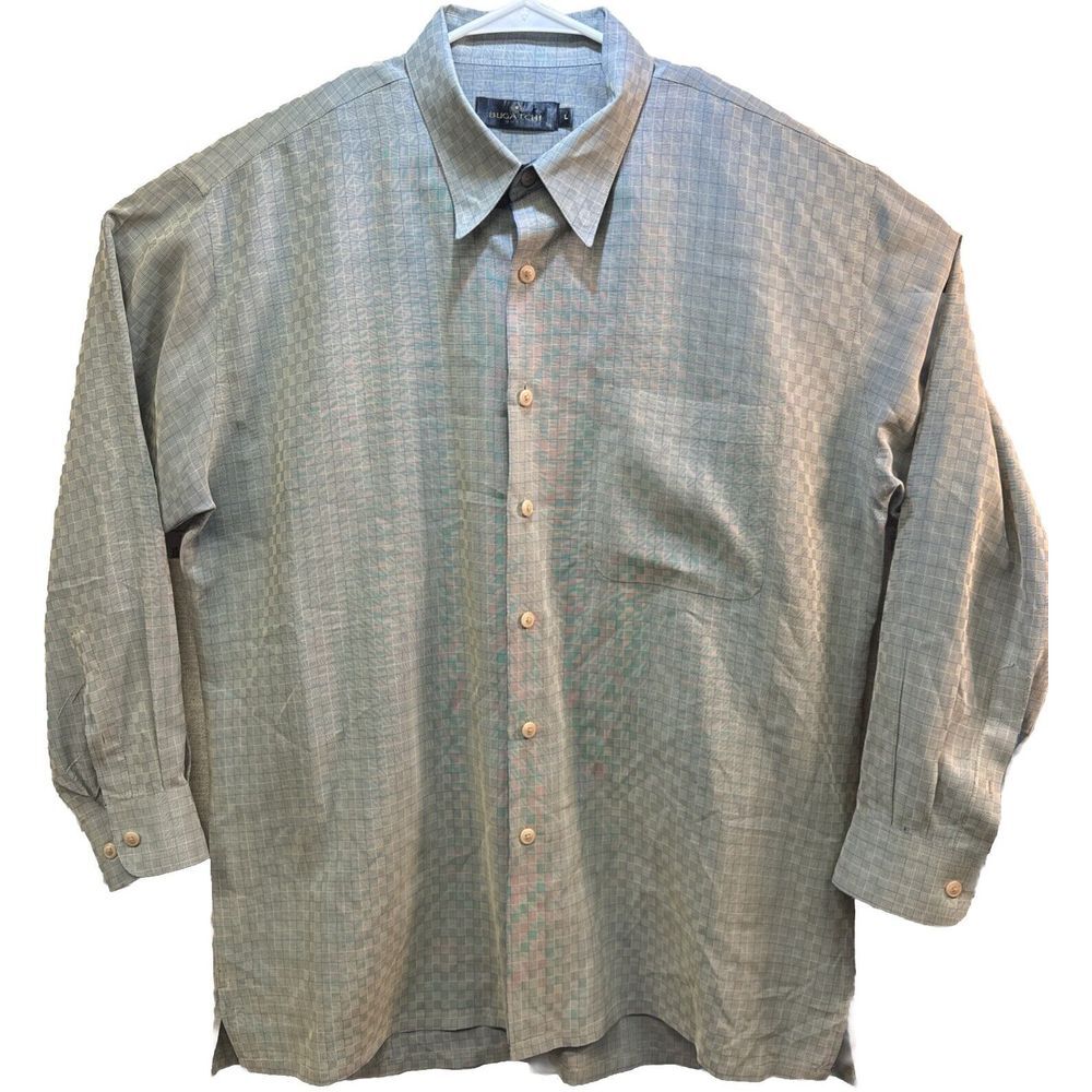 BUGATCHI Dress Shirt Mens Large Gray Plaid Shaped Fit‎ Cotton Button Up, Preppy